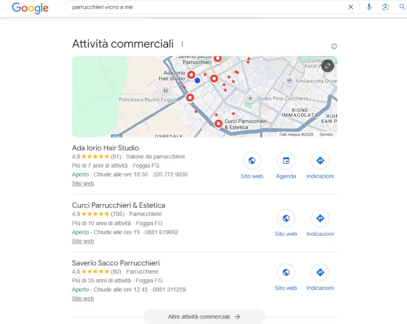 Esempio di posizionamento locale di un’attività su Google